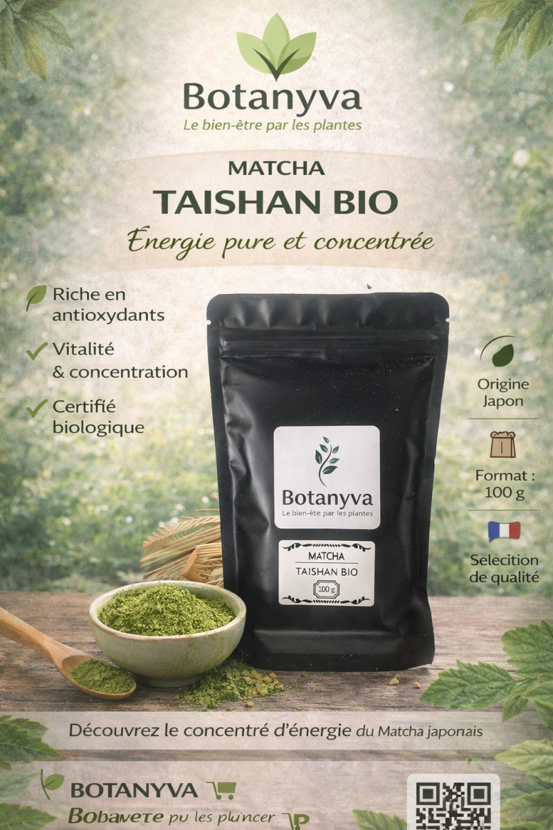 Matcha Taishan Bio – Poudre de thé vert- 100 gr Botanyva, vue du produit